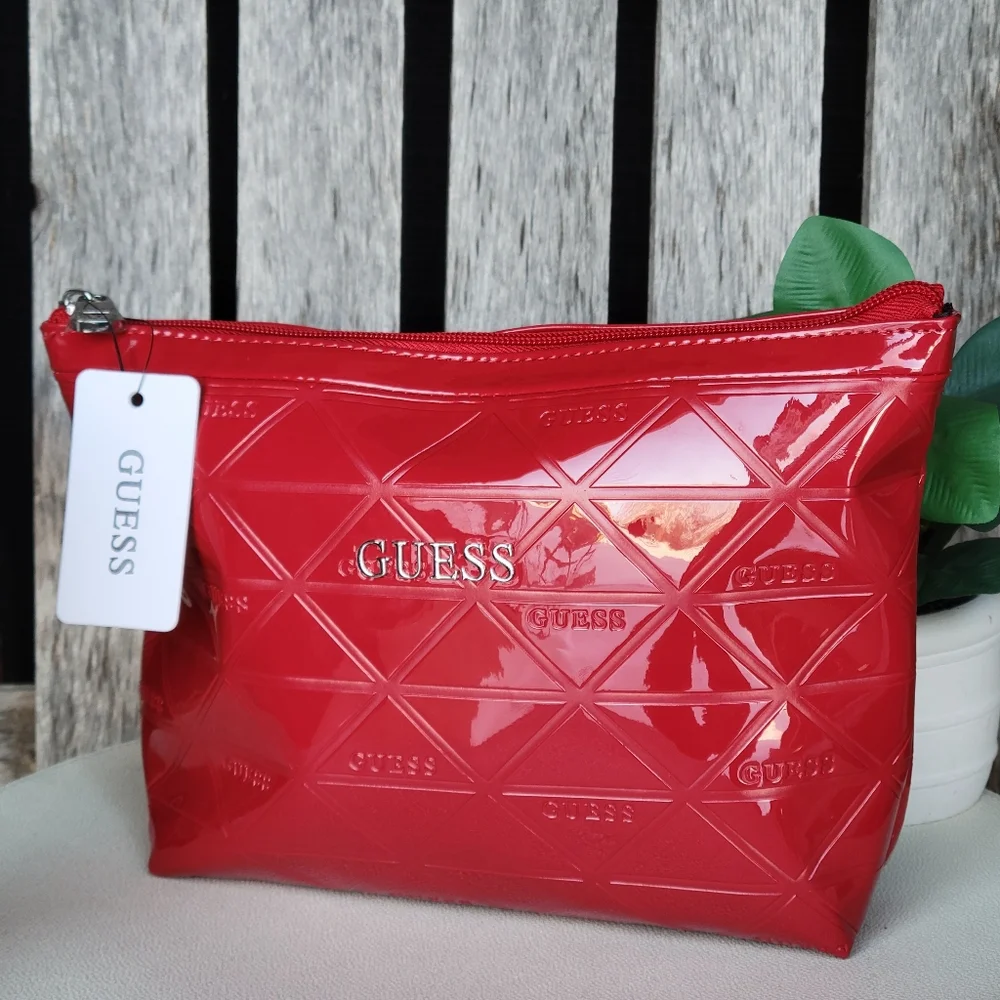 Red Patent GUESS Shiny Finish Embossed Cosmetic Zip Pouch